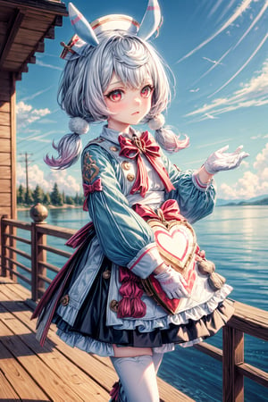 Sigewinne from Genshin Impact poses solo in a serene outdoor setting, with a simple white and blue-toned background. She wears a red-eyed expression, her long sleeves and dress adorned with white pom poms and twintails tied up with a red bow. A pair of animal ears and a white apron add to the whimsical charm. Her hair is styled in two blue pigtails, each topped with a small heart-shaped pom pom ornament. A pair of white gloves cover her hands, which hold a vision-granting device. She wears high-heeled boots, a red bow tie around her neck, and carries a heart-patterned satchel at her side. The overall effect is one of playful elegance.