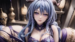 1girl, solo, close up, light blue hair, long hair, low ponytail, purple eyes, red goat horns, real-photograph, wide-angle view, lifelike female anime-doll is kicking, curvy-body, real-doll-style, 80's-style glamour-shot, contrasting colors,realistic photograph, source lighting, rim lighting, radial lighting, intricate, ornate, elegant and refined,High detailed,horror,More Detail,