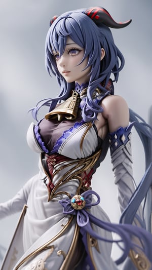 1girl, solo, close up, ganyu, light blue hair, long hair, low ponytail, purple eyes, red goat horns, ribbon with bell on her neck, real-photograph, wide-angle view, lifelike female anime-doll is kicking, curvy-body, real-doll-style, 80's-style glamour-shot, contrasting colors,realistic photograph, source lighting, rim lighting, radial lighting, intricate, ornate, elegant and refined,High detailed,horror,More Detail,