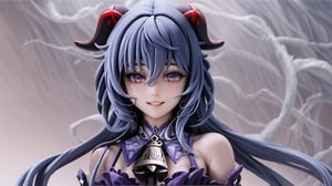 1girl, solo, close up, ganyu, light blue hair, long hair, low ponytail, purple eyes, red goat horns, ribbon with bell on her neck, light smile, parted lips, real-photograph, wide-angle view, lifelike female anime-doll is kicking, curvy-body, real-doll-style, 80's-style glamour-shot, contrasting colors,realistic photograph, source lighting, rim lighting, radial lighting, intricate, ornate, elegant and refined,High detailed,horror,More Detail,