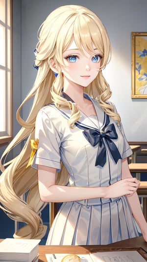 1 girl, solo, mature lady, navia \(genshin impact\), smile, blonde hair, blue eyes, yellow bow, small breasts, student, wear japanese school uniform, indoor, classroom, look at viewer, best quality, potrait, (extremely detailed CG unity 8k wallpaper, masterpiece, best quality, ultra-detailed, best shadow), (detailed background), (beautiful detailed face, beautiful detailed eyes), High contrast, (best illumination, an extremely delicate and beautiful),  realistic, ,navia (genshin impact),perfect light,navia \(genshin impact\)