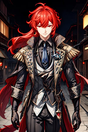 1boy, solo, diluc \(genshin impact\), male focus,  red eyes, red hair, overgrown hair, long hair, black coat, outdoor, back alley, midnight, dark place, tall building, city, look at viewer, best quality, potrait, (extremely detailed CG unity 8k wallpaper, masterpiece, best quality), (detailed background), High contrast, (best illumination, an extremely delicate and beautiful), realistic, perfect light,diluc \(genshin impact\)