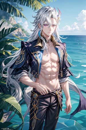 1 boy, solo, ages 500, calestial dragon, Neuvillette, long hair, grey hair, multicolored hair, hair ornament, purple eyes, sharp eyes, wear short pants, topless, look at viewer,  extends his hand, beach, blue sea, ocean, summer, sun, masterpiece, best quality, (extremely detailed CG unity 8k wallpaper, masterpiece, best quality, ultra-detailed, best shadow), (detailed background), High contrast, (best illumination, an extremely delicate and beautiful), anime, ,neuvillette, perfect light