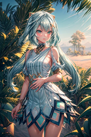 1 girl, faruzandef, smile, lips apart, sahara desert, desert background, palm tree, oasis, outdoor, masterpiece, best quality, bright, (extremely detailed CG unity 8k wallpaper, masterpiece, best quality, ultra-detailed, best shadow), (detailed background), High contrast, anime, FARUZANRND,FARUZANRND