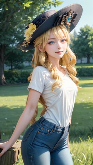 1 girl, solo, mature lady, navia \(genshin impact\), blonde hair, blue eyes, yellow bow, fancy hat, small breasts, withe t shirt, grey coat, jeans, smile, grass, tree, branches, open fields, look at viewer, hands behind back, best quality, potrait, (extremely detailed CG unity 8k wallpaper, masterpiece, best quality, ultra-detailed, best shadow), (detailed background), (beautiful detailed face, beautiful detailed eyes), High contrast, (best illumination, an extremely delicate and beautiful),  realistic, ,navia (genshin impact),perfect light,navia \(genshin impact\)