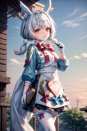 Sigewinne from Genshin Impact poses solo in a serene outdoor setting, with a simple white and blue-toned background. She wears a red-eyed expression, her long sleeves and dress adorned with white pom poms and twintails tied up with a red bow. A pair of animal ears and a white apron add to the whimsical charm. Her hair is styled in two blue pigtails, each topped with a small heart-shaped pom pom ornament. A pair of white gloves cover her hands, which hold a vision-granting device. She wears high-heeled boots, a red bow tie around her neck, and carries a heart-patterned satchel at her side. The overall effect is one of playful elegance.