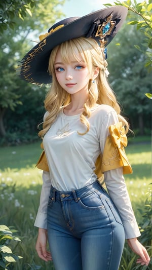 1 girl, solo, mature lady, navia \(genshin impact\), blonde hair, blue eyes, yellow bow, fancy hat, small breasts, withe t shirt, grey coat, jeans, smile, grass, tree, branches, open fields, look at viewer, hands behind back, best quality, potrait, (extremely detailed CG unity 8k wallpaper, masterpiece, best quality, ultra-detailed, best shadow), (detailed background), (beautiful detailed face, beautiful detailed eyes), High contrast, (best illumination, an extremely delicate and beautiful),  realistic, ,navia (genshin impact),perfect light,navia \(genshin impact\)