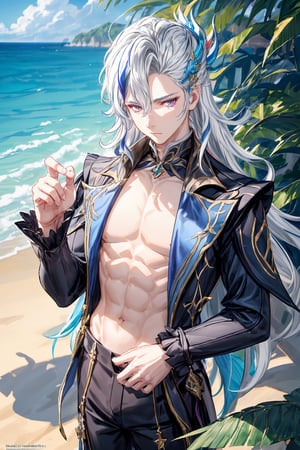 1 boy, solo, ages 500, calestial dragon, Neuvillette, long hair, grey hair, multicolored hair, hair ornament, purple eyes, sharp eyes, wear short pants, topless, look at viewer,  extends his hand, beach, blue sea, ocean, summer, sun, masterpiece, best quality, (extremely detailed CG unity 8k wallpaper, masterpiece, best quality, ultra-detailed, best shadow), (detailed background), High contrast, (best illumination, an extremely delicate and beautiful), anime, Neuvillette,Neuvillette,neuvillette,perfect light