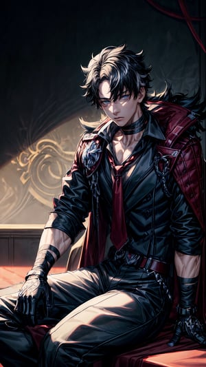 1 boy, solo, black hair, multicolored hair, short hair, blue eyes  Outfit prompts : collared shirt, red necktie, jewelry, black gloves, choker, black belt, black coat, boots, grey pants, sleeves rolled up, jacket, gangsters, sitting, smug, throne, indoor, majestic, masterpiece, best quality, (extremely detailed CG unity 8k wallpaper, masterpiece, best quality, ultra-detailed, best shadow), (detailed background), High contrast, (best illumination), dynamic angle, detailed glow, full body, realistic, wriothesley,