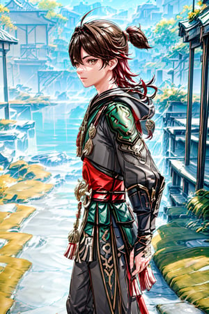 1boy, solo, gaming (genshin impact), brown hair, golden eyes, multicolor hair, overgrown hair, standing, black outfits, outdoor, sea, boat, birds, light smile, look at viewer, best quality, potrait, (extremely detailed CG unity 8k wallpaper, masterpiece, best quality), (detailed background), High contrast, (best illumination, an extremely delicate and beautiful), realistic, perfect light, gaming (genshin impact),perfect light,gaming (genshin impact)