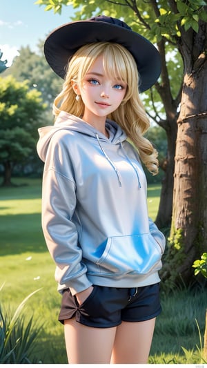 1 girl, solo, mature lady, navia \(genshin impact\), blonde hair, blue eyes, yellow bow, fancy hat, small breasts, grey hoodie(hood down), black shorts, smile, grass, tree, branches, open fields, look at viewer, hands in hoodie pocket, best quality, potrait, (extremely detailed CG unity 8k wallpaper, masterpiece, best quality, ultra-detailed, best shadow), (detailed background), (beautiful detailed face, beautiful detailed eyes), High contrast, (best illumination, an extremely delicate and beautiful),  realistic, ,navia (genshin impact),perfect light,navia \(genshin impact\)