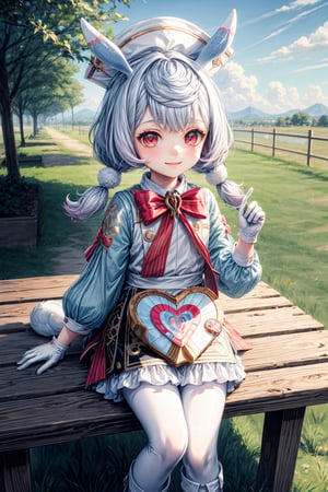 sigewinne \(genshin impact\), 1girl, solo, white gloves, red eyes, pom pom \(clothes\), long sleeves, twintails, red bow,white headwear, animal ears, white apron, white pantyhose, bowtie, dress, blue hair, pom pom hair ornament, heart satchel, boots, vision \(genshin impact\), 4k wallpaper, simple backgroud, little kid, light smile, flat chested, outdoor,