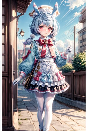 A whimsical 1-girl scene from Genshin Impact. Sigewinne stands solo, donning white gloves and a soft smile, her red eyes gleaming with curiosity. Her pom-pom-adorned outfit features long sleeves, twintails, and a matching red bow tied around her head, atop a white headwear adorned with animal ears. A crisp white apron wraps around her waist, paired with white pantyhose and a bowtie. She holds a heart-shaped satchel and wears blue hair with a pom-pom hair ornament. Boots complete the look as she steps into an outdoor setting with a simple background. The overall composition is framed to emphasize Sigewinne's endearing presence.