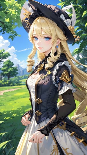 1 girl, solo, mature lady, navia \(genshin impact\), blonde hair, blue eyes, yellow bow, maid hat, small breasts, maid outfits, smile, grass, tree, branches, open fields, look at viewer, hands in hoodie pocket, best quality, potrait, (extremely detailed CG unity 8k wallpaper, masterpiece, best quality, ultra-detailed, best shadow), (detailed background), (beautiful detailed face, beautiful detailed eyes), High contrast, (best illumination, an extremely delicate and beautiful),  realistic, ,navia (genshin impact),perfect light,navia \(genshin impact\)