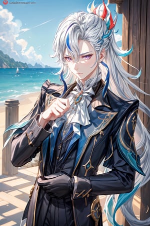 1 boy, solo, ages 500, calestial dragon, Neuvillette, long hair, grey hair, multicolored hair, hair ornament, purple eyes, sharp eyes, jewelry, wear white suits, white pants, look at viewer,  extends his hand, beach, blue sea, ocean, summer, sun, masterpiece, best quality, (extremely detailed CG unity 8k wallpaper, masterpiece, best quality, ultra-detailed, best shadow), (detailed background), High contrast, (best illumination, an extremely delicate and beautiful), anime, Neuvillette,Neuvillette,neuvillette,perfect light