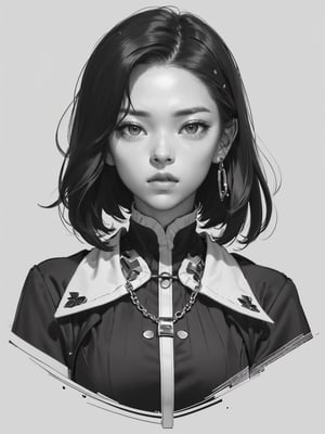 Jeongyeon, Migunov, (monocolor, monochrome, and black-and-white:1.3), (deep black eyes:1.2), Create a compelling portrait featuring Jeongyeon in a painting or sketch format. Focus on accentuating their dark hair and deep black eyes, capturing a poignant expression with a frown. Illustrate the subjects looking away from the viewer and looking down, with a preference for a simple sketch approach. Frame the composition as a close-up of the upper body, highlighting a solo female figure with carefully crafted shadows. Aim for a high-resolution image, incorporating the nuances of high-key lighting to enhance the overall atmosphere.