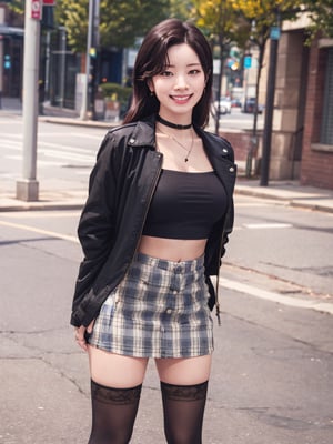 Dahyun, hands behind back, plaid skirt, midriff,  choker, cleavage,  jacket,  no bra,  thighhighs, hands behind back, smile,  mature female, 1girl,  solo,  looking at viewer,  photo,  realistic,  shadows,  high_res,  detailed_background,  high key lighting,  vignetting,