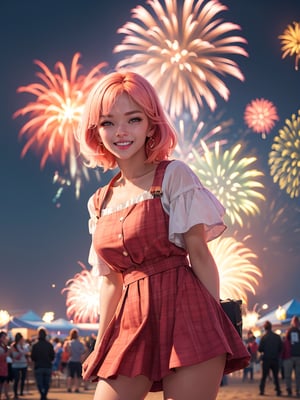 Jeongyeon, New Years, fireworks, grin, cowboy shoot, 1girl, solo, looking at viewer, photo, realistic, shadows, high_res, detailed_background, high key lighting, vignetting,