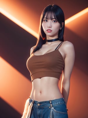 Momo, (hands behind back:1.3), midriff,  choker, 1girl,  solo,  looking at viewer,  photo,  realistic,  shadows,  high_res,  detailed_background,  high key lighting,  vignetting,