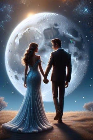 Beautiful love couple holding hand each other)mysterious and smoky atmosphere. The backdrop should showcase a prominent sky blue hue, and integrate a luminous moon, emphasizing the theme of 'Lunar Glow.' The overall composition should evoke a sense of intrigue and atmospheric beauty., cartoon art,glitter,realistic