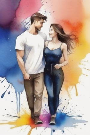 Man and woman love, water colour splash background ,Handsome boy