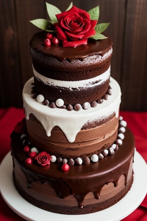 Chocolate cake, red rose, leaf decoration 