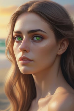 Beautiful woman in the beach, almond eyes set, long hair , green eyes Steven Belledin warm colors matte painting watercolor needlepoint 64 megapixels detailed dreamcore 8k resolution sunshine rays bad anatomy disfigured extra limbs poorly drawn face hyperdetailed Hyperrealistic, splash art, concept art, mid shot, intricately detailed, color depth, dramatic, 2/3 face angle, side light, colorful background