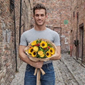 Handsome  man, holding_bouquet, stylish personality good looking, shirt, blue_jeans wearing 