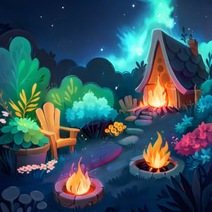 garden, bonfire,midnight,starry_night,plants,ColorART,colorful,3D