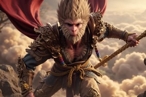 masterpiece,best quality, highly detailed,The image has a dynamic angle and natural pose,dark theme,out of frame,It depicts the handsome Wukong, with golden hair and armor, standing on a somersault cloud in a fighting posture, majestic, with a red cloak fluttering in the wind. He holds a golden stick in his hand, and his eyes are shining with perseverance. The details of the golden stick are in Shining under the soft and ethereal light, with a prince crown on his head, his posture exudes confidence and strength, as if he is ready to charge into battle at any time.. Wukong, a man in armor with a beard and a beard
