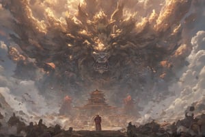 masterpiece,best quality, highly detailed,The image has a dynamic angle and natural pose,official art, extremely detailed CG unity 8k wallpaper,

The sound of celestial war drums echoes as the heavenly soldiers stand in perfect formation, with each of the Four Heavenly Kings leading their troops, ready for battle. The celestial palace walls rise in the distance, symbolizing the inviolable sacred realm.
