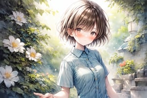 The image has a dynamic angle and natural pose,
(Fitted casual shirts|green light),Brown medium length short hair,
Lena opens her arms to welcome the light of morning, symbolizing rebirth and hope.