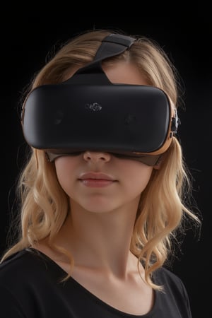 Profile view. Professional product photo of a VR headset. The material is black plastic with metallic buttons and wooden accents. On the front where the eyes are we see glass screens. The headset is sleek and thin. The design follows dieter style. A 13 year old girl with blonde wavy hair is wearing the headset. Hasselblad H6D-400c MS, low exposure, high contrast, ISO 100, with a 120mm macro lens, soft studio lighting with controlled highlights, key light from the right with a softbox, fill light from the left, and backlight for subtle rim lighting. Dark background.