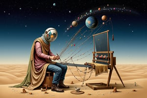 Surreal art. In the center of a large, empty desert, a giant figure sits on a floating loom, weaving the night sky itself from threads of starlight and shadow. Each strand in the fabric contains entire universes, swirling with life. The stars being woven into the fabric drift down like snow, forming strange constellations on the desert floor. The figure’s face is partially covered by a mask of shattered glass, reflecting a thousand different faces, none of which match the figure’s real face.