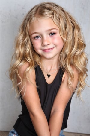 Photo studio, starlet, 9 year old, blonde wavy hair, detailed face, realistic skin, facial expression, loving, upturned mouth, wide smile, wearing black tank top, heart necklace, professional photo portrait, bokeh, soft focus, depth of field, 8k uhd, dslr, natural lighting, high quality, realistic