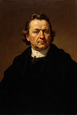 Oil painting using the Scumbling technique. A dignified figure gazes out from the canvas, his expression calm and resolute. The warm tones of the skin are offset by the dark, rich clothing.