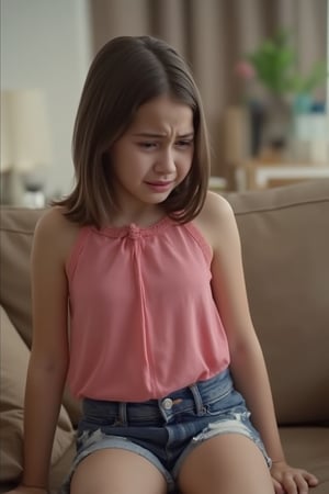 sandrine girl, 14 year old. Professional photo, indoors. Crying, tears. Wearing a pink sleeveless top and torn denim shorts. Shallow depth of field. Dramatic light