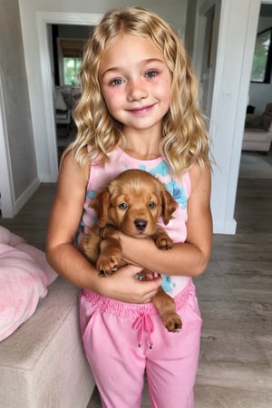 indoors, starlet, 9 year old, blonde wavy hair, detailed face, realistic skin, facial expression, kind, smile, head tilt, soft eyes, wearing sleeveless print top and soft pink cotton pants, holding a puppy in her arms, looking at puppy, 8k uhd, dslr, natural lighting, high quality, realistic