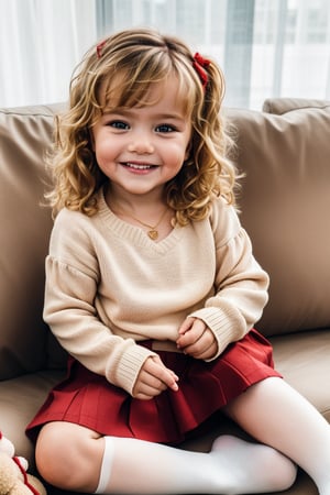 RAW photo, living room, pov, female child, lg2, 6 year old, blonde wavy hair, realistic detailed face, smile, facing viewer, looking at viewer, golden heart necklace, wearing a red off shoulders sweater, short soft skirt ,  long white socks, sitting on sofa, holding a teddy bear, full body view, professional photo, natural light,  shallow depth of field, f8, bokeh, Fujifilm XT3,Masterpiece