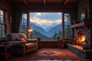 A highly detailed evolyzed painting of a cottage interior, framing a large window with a stunning view of mountains in the background. A cozy, dimly-lit space with a crackling fireplace. In the center is a large, comfortable arm chair facing the camera.