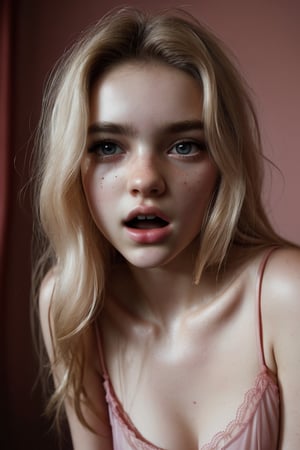 night, red bedroom, dark, expr3ssions, 1girl, American, 18 year old, beautiful, long messy blonde hair, aroused expression, open mouth, parted lips, teeth, realistic eyes, super realistic face, aroused, upper body portrait, negligee, pink, facing viewer, 8k uhd, dslr, perfect lighting, high quality