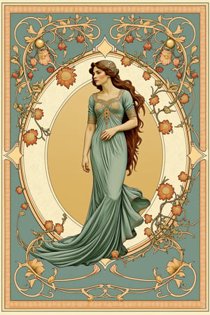 An ornate illustration featuring a poised woman framed by a decorative, swirling border typical of FLUXEvue style. Her expression is serene, her posture refined, with her long hair flowing elegantly down her back. The border features intricate vines, flowers, and abstract shapes that wrap around the image, creating a sense of movement and grace, reflecting the aesthetic.