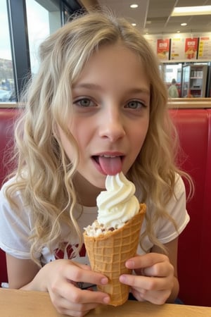 A 15 year old girl with wavy blonde hair. She is sitting at a booth in a fast food restaurant. She is looking at the viewer. She is licking a soft ice cream. 