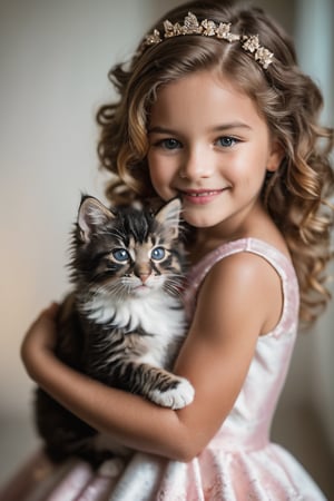 A glamorous portrait, k1nd3r, 8 year old, holding a kitten, with cinematic lighting, captured with a 40mm lens at f/1.2. The girl is wearing a stunning dress, with her hair styled into loose curls around her face. She has a bright, confident smile, with her eyes sparkling with joy, holding onto her beloved kitten