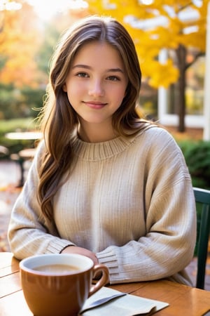 Capture a serene autumn scene on the patio outside a charming café, where maisie girl, 14 year old,  with long brown hair exudes tranquility sitting by a table. She’s clad in a cozy beige knit sweater, cradling a warm mug of coffee. Bathed in the soft glow of natural light, her relaxed pose and content smile reflect a moment of peaceful contemplation amidst the golden dance of falling leaves