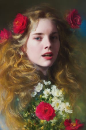 o1lpa1nt1ng, oil painting, traditional media, bold, swift, and expressive brushstrokes conveying passion and vigor, 1700 century, portrait of a pretty blonde teenage girl with flowers in her hair, use a wide range of hues from vibrant reds and blues to warm earth tones, a stronge sense of volumetric light, dynamic and vivacious composition overflowing with life, movement and emotion, rule of thirds