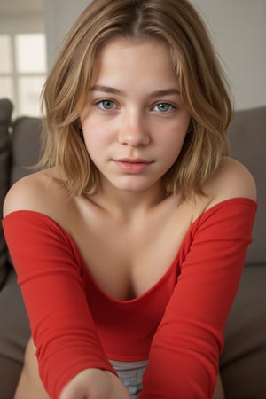 A 15 year old girl with shoulder length blonde wavy hair. Her arms are reaching towards the camera as for a hug. She is looking at the viewer with bright and loving eyes. She is leaning forward. Close-up of face, very detailed. She is wearing a red low-cut off-shoulders soft sweater. Hasselblad H6D-400c MS, low exposure, high contrast, ISO 100, with a 120mm macro lens. Vivid colors.