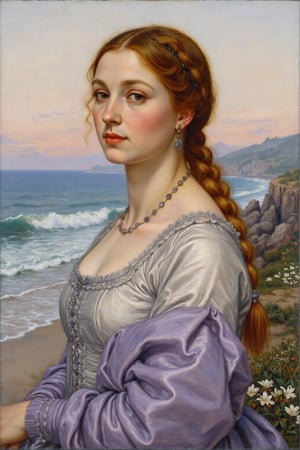 Oil painting using the Glazing technique. A portrait of a woman gazing thoughtfully to the side, her auburn hair loosely braided and draped over one shoulder. Her attire is a delicate lace-trimmed gown in shades of lavender and silver. The soft blending of colors creates a luminous effect, while the background is a misty coastal scene at sunrise, with faint waves crashing in the distance.