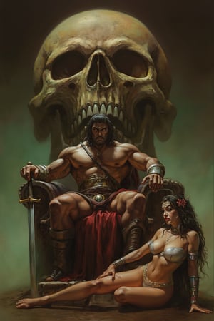 RetroSci style. A muscular warrior sits on a throne, resting his sword on the floor. Next to the throne a woman, dressed in revealing clothing, lounges on the floor. There is a gigantic skull behind the throne.