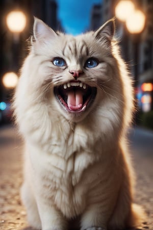 day, city sidewalk, Birman cat, expr3ssions, laughing expression, open mouth, teeth, realistic eyes, super realistic face, laugh,  portrait, facing viewer, 8k uhd, dslr, cinematic lighting, high quality, realistic, no humans